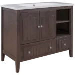36" Bathroom Vanity with Ceramic Basin, Bathroom Storage Cabinet with Two Doors and Drawers, Solid Frame, Metal Handles, Brown