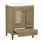 24" Bathroom Vanity with Ceramic Basin, Rattan Bathroom Storage Cabinet with Two Doors and Drawer, Solid Frame, Natural