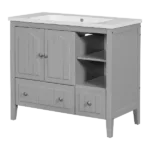 36" Bathroom Vanity with Ceramic Basin, Bathroom Storage Cabinet with Two Doors and Drawers, Solid Frame, Metal Handles, Grey