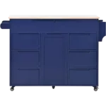 K&K Store Kitchen Cart with Rubber Wood Countertop , Kitchen Island has 8 Handle-Free Drawers Including a Flatware Organizer and 5 Wheels for Kitchen Dinning Room, Dark Blue