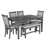 Modern Grey 6 Piece Rectangular Dining Table Set of Solid Wood With 4 Upholstered Chairs and Bench For Dining Room