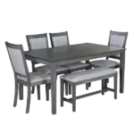 Modern Grey 6 Piece Rectangular Dining Table Set of Solid Wood With 4 Upholstered Chairs and Bench For Dining Room