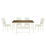 Modern White 6-peice Dining Set with Rectangular Kitchen Table 4 Upholstered Dining Chairs and Bench Ideal For Dining Room