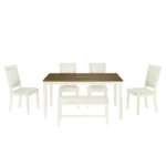 Modern White 6-peice Dining Set with Rectangular Kitchen Table 4 Upholstered Dining Chairs and Bench Ideal For Dining Room