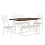 Modern White 6-Piece Rectangular Dining Table Set of Wood with 4 Upholstered Chairs and Bench For Dining Room