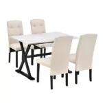 White+Beige 5-Piece Rectangular Dining Table Set of  Solid Wood with Faux Marble Tabletop and 4 Upholstered Chairs for Dining Room