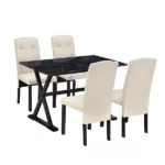 Black+Beige 5-Piece Rectangular Dining Table Set of  Solid Wood with Faux Marble Tabletop and 4 Upholstered Chairs for Dining Room