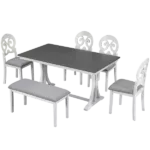 Antique White And Gray 6 Piece Dining Set Rectangular Trestle Base Table With 4 Dining Chairs And  Long Bench For Dining Room