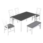 Modern White+Gray 6 Piece Rectangular Dining Table Set of Wood With Bench and 4 Chairs For Dining Room