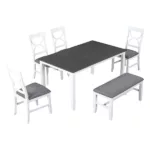 Modern White+Gray 6 Piece Rectangular Dining Table Set of Wood With Bench and 4 Chairs For Dining Room