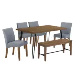 Modern Brown 6-Piece Rectangular Dining Table Set of V-Shape Metal Legs With 4 Upholstered Chairs and Bench for Dining Room