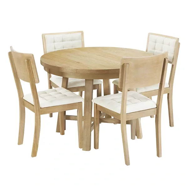 Natural Rustic 42 inch Round Dining Table Set with Cross Legs and 4 Chairs for Small Places