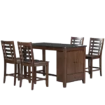 Dark walnut Counter Height 5-piece Dining Table Set with Faux Marble Tabletop, 4 Dining Chairs Solid Wood Table Set with Storage Cabinet and Drawer Ideal For Dining Room