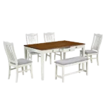 Modern Butter Milk 6-Piece Rectangular Dining Table Set of Wood with Drawer, 4 Upholstered Chairs and Bench For Dining Room