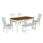 Modern Butter Milk 6-Piece Rectangular Dining Table Set of Wood with Drawer, 4 Upholstered Chairs and Bench For Dining Room