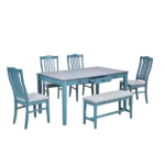 Modern Antique Blue 6-Piece Rectangular Dining Table Set of Wood with Drawer, 4 Upholstered Chairs and Bench For Dining Room