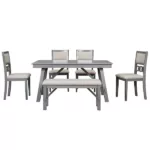 Modern Gray 6-Piece Rectangular Dining Table Set of  Solid Wood with 4 Upholstered Chairs and Bench For Dining Room