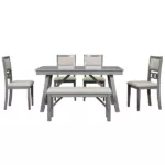 Modern Gray 6-Piece Rectangular Dining Table Set of  Solid Wood with 4 Upholstered Chairs and Bench For Dining Room