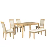 Natural Wood Wash Rustic Solid Wood 6-piece Dining Table Set With 4 PU Leather Upholstered Chairs and Bench For Dining Room