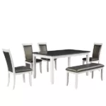 White Rustic Solid Wood 6-piece Dining Table Set With 4 PU Leather Upholstered Chairs and Bench For Dining Room