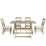 Natural Farmhouse 6-Piece Dining Table Set with Cross Legs,  4 Upholstered Chairs and Solid Wood Bench For Dining Room
