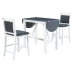 Modern Gray 3-Piece Wood Round Drop Leaf Dining Table with 2 Upholstered Dining Chairs For Small Place