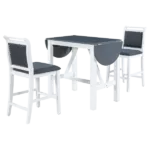 Modern Gray 3-Piece Wood Round Drop Leaf Dining Table with 2 Upholstered Dining Chairs For Small Place