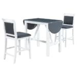 Modern Grey 3-Piece Dining Table Set of Solid Wood with 2 Fabric Upholstered Chairs and 1 Padded Bench for Kitchen/Living Room