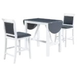 Modern Grey 3-Piece Dining Table Set of Solid Wood with 2 Fabric Upholstered Chairs and 1 Padded Bench for Kitchen/Living Room