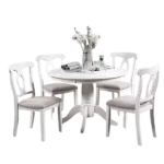 Modern White 5pc Set Round Table 4 Side Chairs Cushion Fabric Upholstery Seat Rubberwood Furniture Ideal For Dining Room