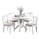 Modern White 5pc Set Round Table 4 Side Chairs Cushion Fabric Upholstery Seat Rubberwood Furniture Ideal For Dining Room