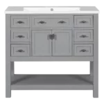 35.2 in. W x 18 in. D x 34.1 in. H Freestanding Bath Vanity in Gray & White Resin Top Single Sink, 2 Doors and 6 Drawers