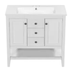 36" Bathroom Vanity with Ceramic Basin, Two Cabinets and Drawers, Open Shelf, Solid Wood Frame, White