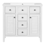 36" Bathroom Vanity with Ceramic Basin, Two Cabinets and Five Drawers, Solid Wood Frame, White