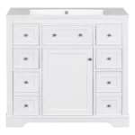 36" Bathroom Vanity with Ceramic Basin, Two Cabinets and Five Drawers, Solid Wood Frame, White