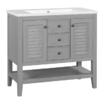 36" Bathroom Vanity with Ceramic Basin, Two Cabinets and Drawers, Open Shelf, Solid Wood Frame, Grey