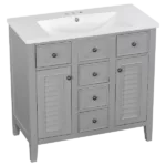 36" Bathroom Vanity with Ceramic Basin, Two Cabinets and Five Drawers, Solid Wood Frame, Grey