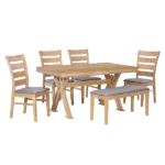 Modern Retro Naturalwash 6-Piece 59" Rectangular Dining Table Set  With Unique Legs and 4 Upholstered Chairs , 1 Bench For Dining Room