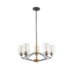 5-Light Black Modern Farmhouse Chandelier for Dining Room Kitchen Island Pendant with Glass Shades and Adjustable Pole