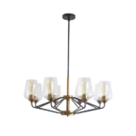 8-Light Mid Century Modern Black and Gold Brushed Brass Ceiling Hanging Chandelier Lighting Fixture with Glass Shades For Indoor