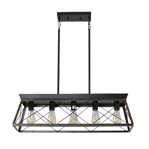 5-Light Metal Farmhouse Chandelier with Rustic Rectangular Island Frame in Golden Black For Indoor