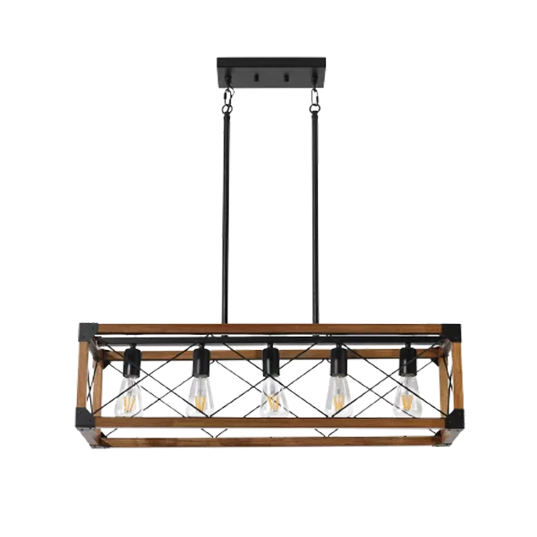 5-Light Walnut Rectangular Farmhouse Chandelier Fixture for Kitchen Island Dining Room with Solid Wood Frame
