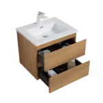23.5'' Wall Mounted Single Bathroom Vanity in Natural Wood With Black Solid Surface Vanity Top