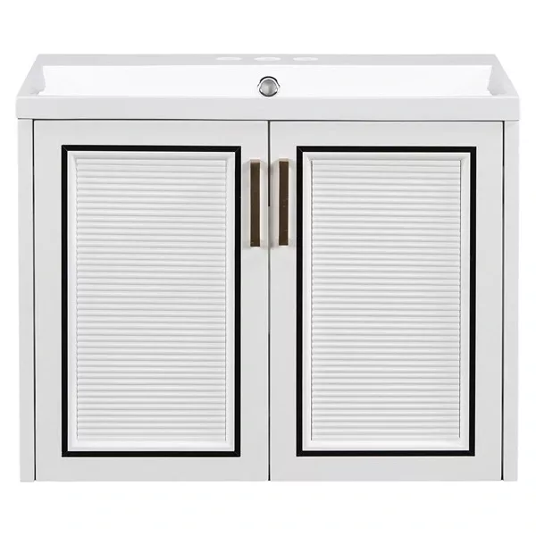 24" Wall Mounted Bathroom Vanity with Ceramic Basin, Two Shutter Doors, Solid Wood & MDF Board, White (One Package)