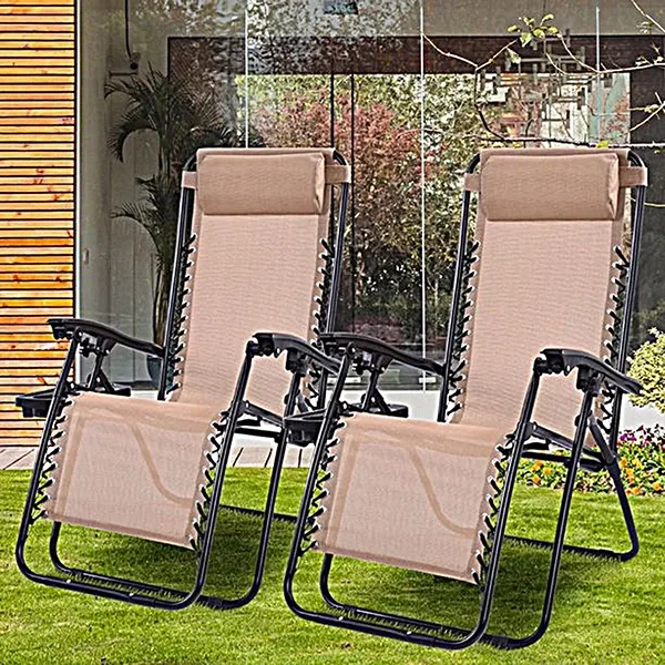 Set of 2 Foldable Steel Recliner Chair in Beige with Cup Holders with Comfortable Headrest